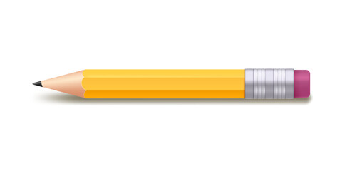 Realistic yellow sharpened pencil with red eraser isolated on white background. Vector 3d illustration.