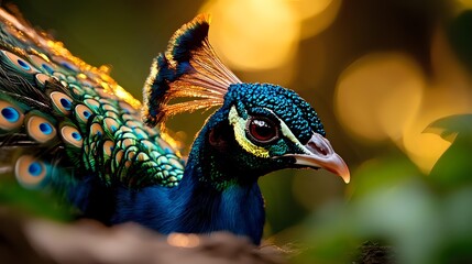 Obraz premium Close up portrait of majestic peacock head with iridescent blue feathers and distinctive eye pattern against warm bokeh background, showing intricate natural detail.