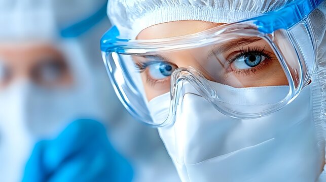Medical professional wearing protective goggles, face mask and protective suit during pandemic outbreak, close up view of blue eyes and determined gaze.