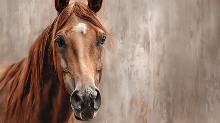 Close up portrait of chestnut brown horse with white marking on forehead against textured brown background, showing gentle expression and detailed facial features.