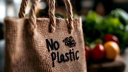 Eco-friendly reusable shopping bag with no plastic text and tree logo made from natural jute fiber, sustainable lifestyle concept with fresh produce background.