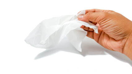 Hand Holding Crumpled White Tissue Isolated on White Background