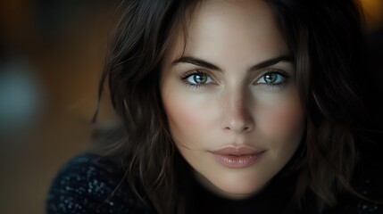 Fototapeta premium Young woman with striking blue eyes and dark wavy hair gazing intensely at camera against blurred background, wearing black sweater. Natural makeup enhances facial features.