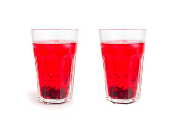 Hibiscus Tea, Dry Rose Drink, Cold Fruit Red Tea in Transparent Mug, Roselle Hibiscus Tea