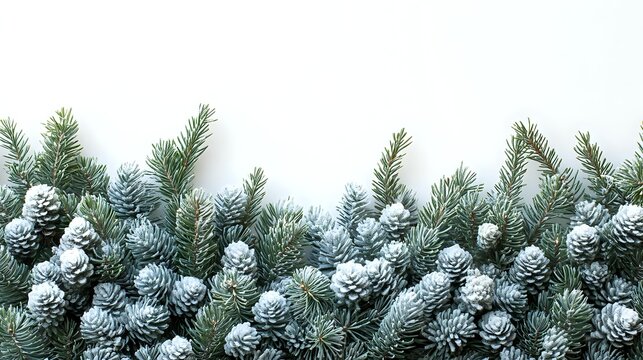 Frosted pine branches with white snow-covered cones creating natural winter border against white background, seasonal holiday decoration pattern.