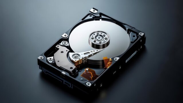 Close-up of a hard disk drive, showcasing its internal components
