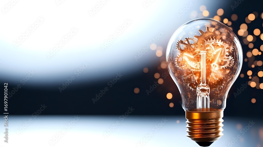Poster glowing lightbulb with cross symbol inside on dark background with bokeh lights, representing faith,