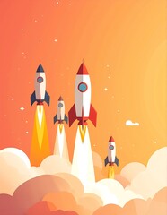 A diverse group of rockets stands tall on a launch pad, showcasing various sizes and designs, with vibrant colors and intricate details against a clear blue sky.