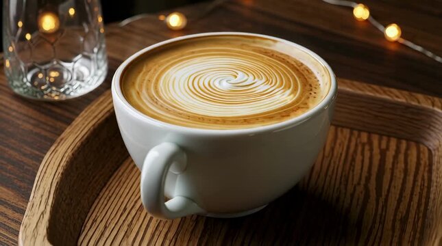 Inviting latte art swirls in a warm ceramic cup, perfect for a cozy morning.