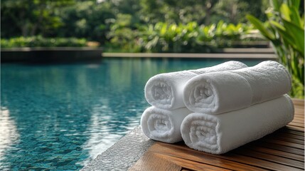 Rolled white towels by a pool