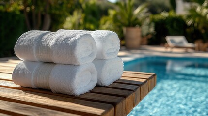 Rolled white towels on wooden deck, pool in background