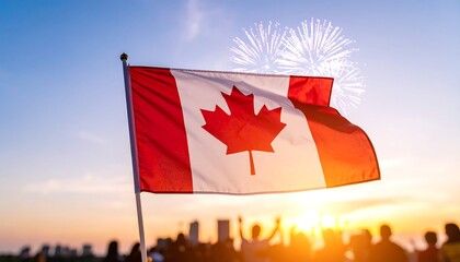 Canadian flag waving with fireworks