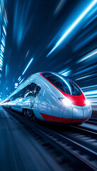 Fototapeta premium High-speed train in motion at night through futuristic cityscape