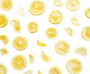 Lemon slices scattered on black background (2)