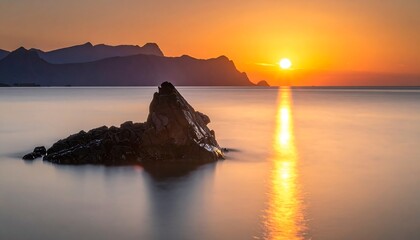 Sunrise over a tranquil sea with a solitary rock