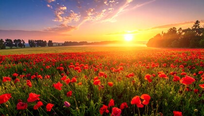 Sunrise over a vibrant poppy field