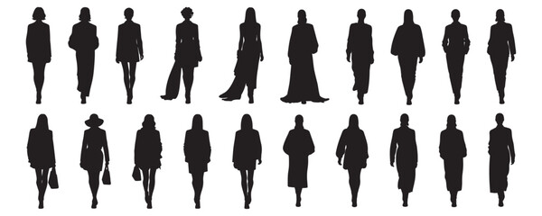 Architectural Drawings  fashion runway models walking in stylish poses silhouette vector illustration,  front view, human person Minimal style hand drawn. Sections, Elevations, Floor Plans