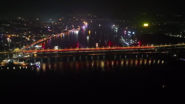 Drone Footage of Atal Setu Bridge Over Mandovi River at Night