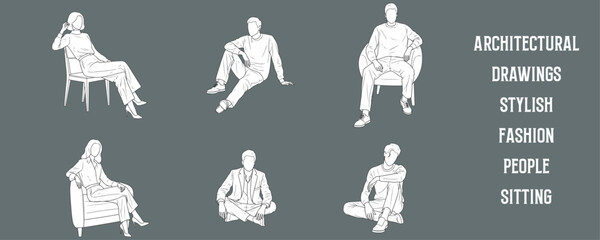 Architectural Drawings stylish modern fashion people sitting in relaxed and elegant poses vector illustration,  front view, human person Minimal style hand drawn. Sections, Elevations, Floor Plans