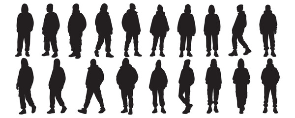 Architectural Drawings trendy streetwear fashion people in casual modern outfits, standing and walking poses silhouette vector illustration, front view, human person Minimal style hand drawn. 