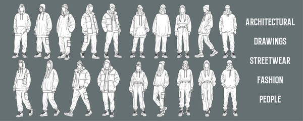 Architectural Drawings trendy streetwear fashion people in casual modern outfits, standing and walking poses vector illustration, front view, human person Minimal style hand drawn. 