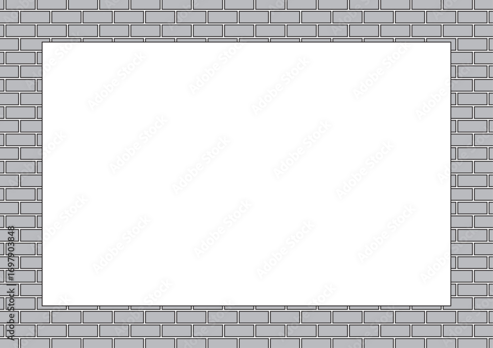 Poster gray brick wall background with empty frame for custom artwork display or creative projects