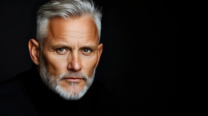 Fototapeta premium Dramatic portrait of mature Caucasian male with silver hair and beard against dark background showcasing intense gaze and distinguished features. Professional headshot style lighting.