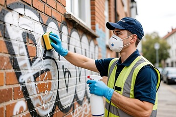 Graffiti Removal Worker Cleaning Brick Wall - Environmental respons.