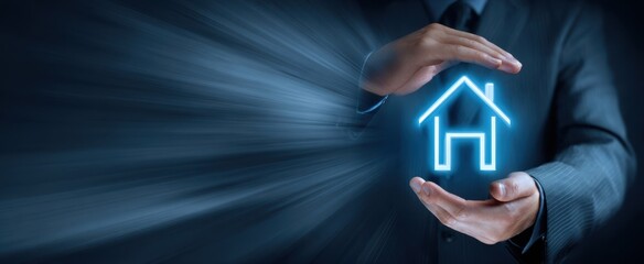 The House Icon Protected by Businessman's Hands Symbolizing Real Estate Security
