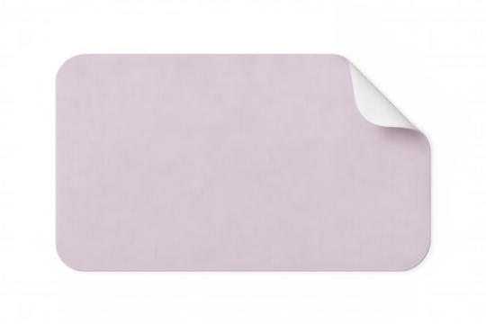 Purple rectangular sticker with lifted corner, revealing peeling edge against transparent backdrop, isolated design