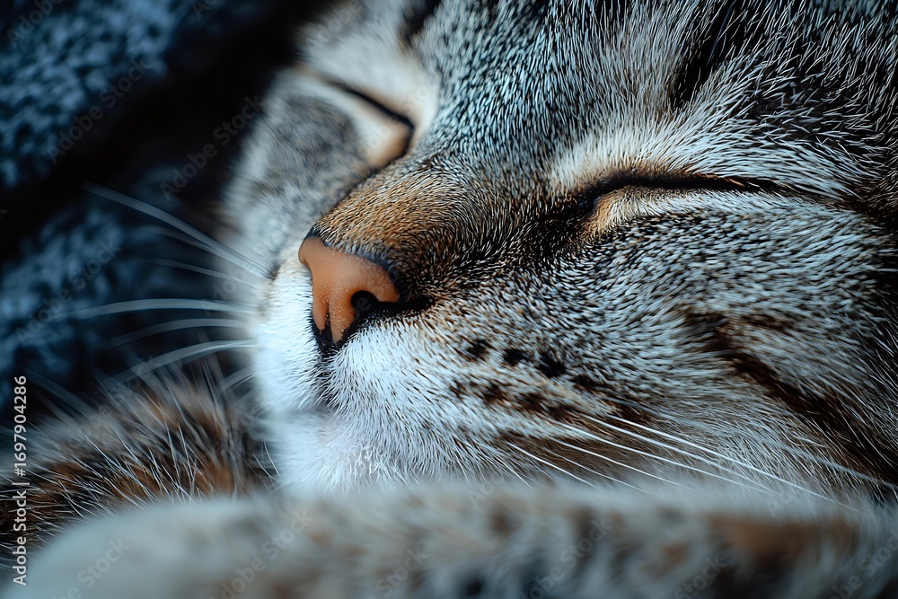 Poster close-up macro shot of sleeping gray tabby cat nose and whiskers with soft focus background, showing