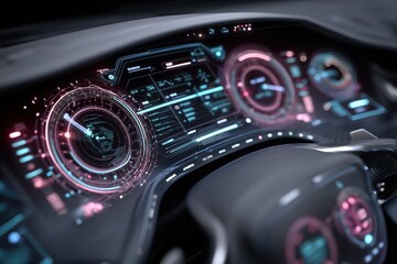 Futuristic car dashboard with digital displays