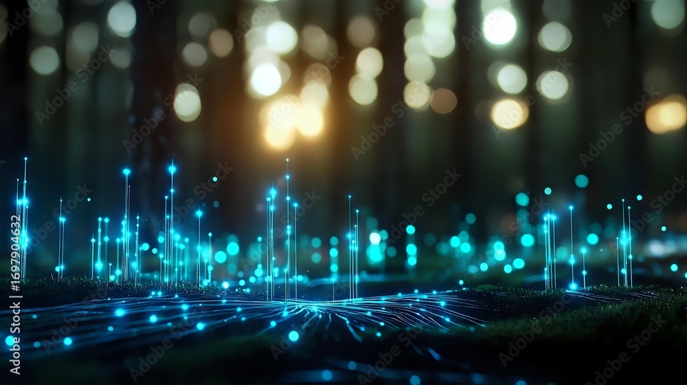 Poster glowing blue digital network lines emerging from ground against dark forest background with bokeh li