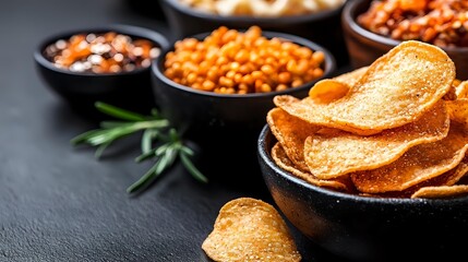 Crispy potato chips and assorted legumes in rustic black bowls on dark stone background with fresh rosemary garnish, appetizing snack food composition.