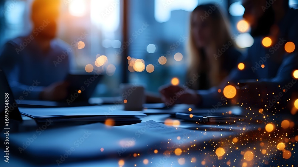 Poster atmospheric evening scene with glowing bokeh lights and sparkles floating over dark table surface, c