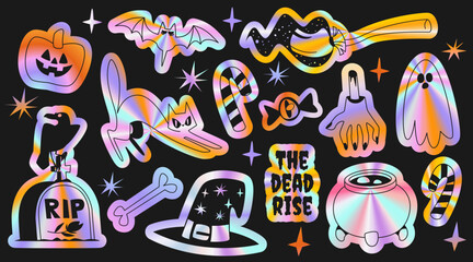 Mystical holographic Halloween graphics with iridescent pumpkin, bat and witch cat for festive party supplies. Gradient cauldron, ghost with broom and candy canes for modern decorations or prints.