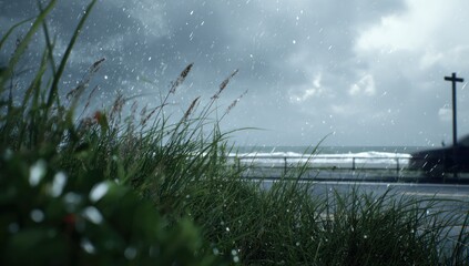 Lush grass sways gently in the rain, overlooking a stormy ocean scene.