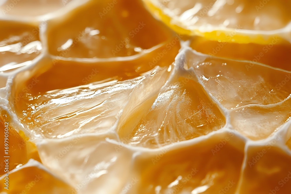 Poster fresh juicy orange slice in extreme macro view showing detailed pulp segments and natural citrus tex