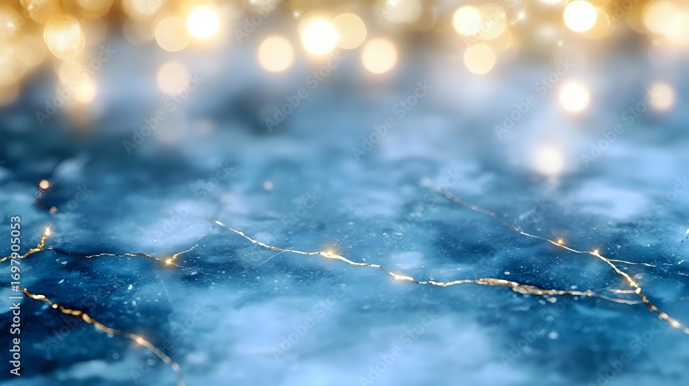 Poster ethereal winter landscape with glowing string lights creating magical bokeh effect over frozen blue 