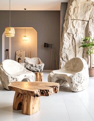 Modern minimalist living room with sculpted chairs and wooden coffee table