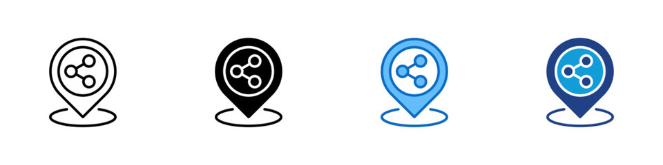 Share Location Multiple Style Icon Design Vector - Map pin with network nodes, symbolizing shared location, connection, or online geo service