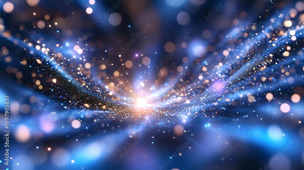 Aufkleber glowing light burst with sparkling particles and bokeh effect in deep blue space, creating magical a