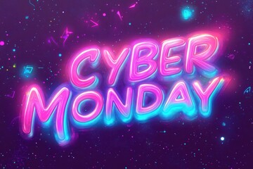 Vibrant Neon Cyber Monday Sign on Dark Futuristic Background
