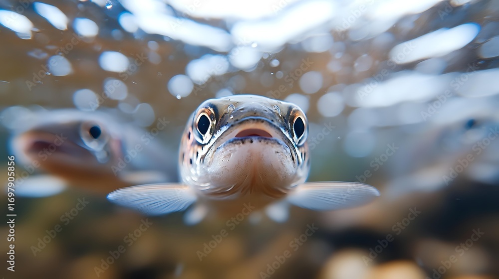 Poster close up portrait of sea turtle face underwater with curious expression and large eyes looking direc