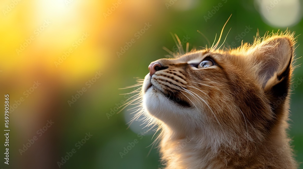 Poster ginger cat looking up with curious expression against blurred warm autumn background, backlit whiske