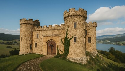 Majestic Castle Overlooking a Serene Lake, Bathed in Warm Sunlight, surrounded by lush greenery and under a brilliant blue sky