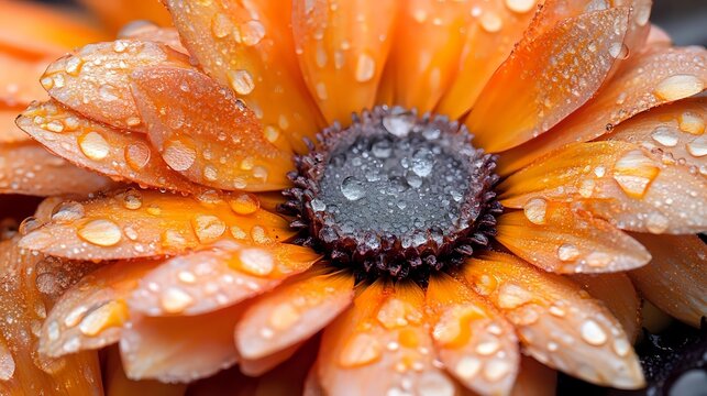 Orange daisy flower petals covered in morning dew drops, macro photography showing water droplets on delicate petals with dark center and soft background. - Powered by Adobe