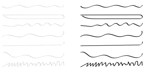 Obraz premium Group of horizontal objects on white background. Modern simple dark lines. Horizontal paintbrush element on white background. Black hand drawn underline calligraphy set. 