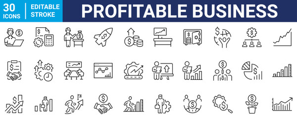 Profitable Business Icon Pack, Financial Growth, Investment, Money Management, Business Strategy, Global Finance, Line Icons.