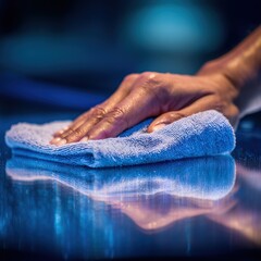 Close-up of hand cleaning glass surface with blue cloth in dim light
